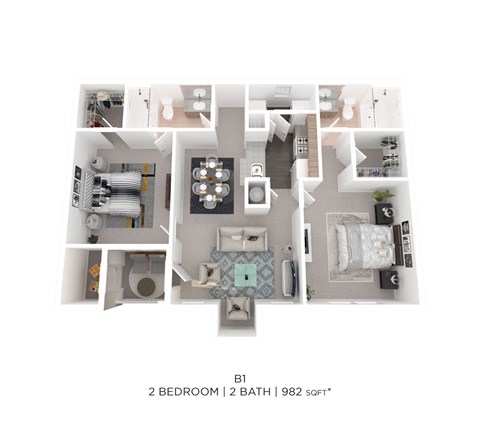 Floor plan for 2 beds, 2 baths, 982 sqft